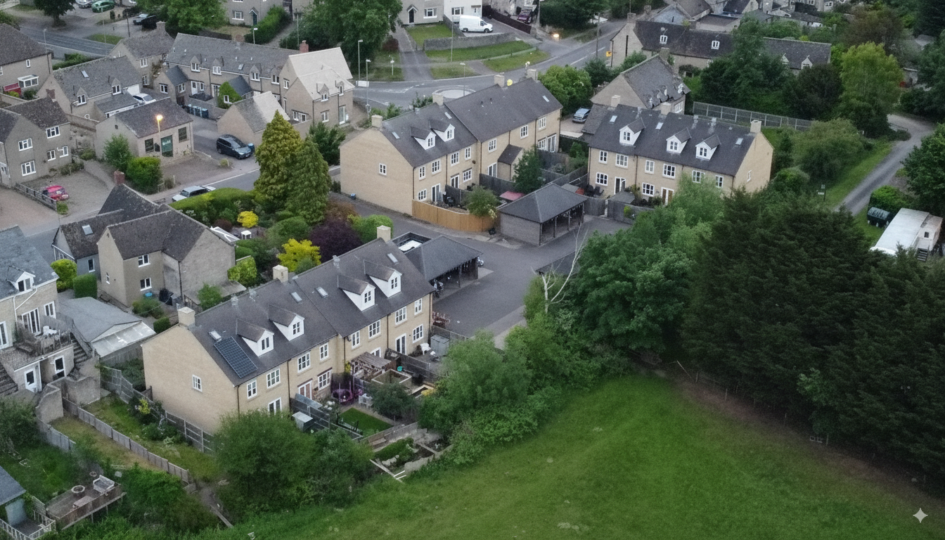 Aerial view of Wessex Court residential development showing the courtyard layout and surrounding buildings
